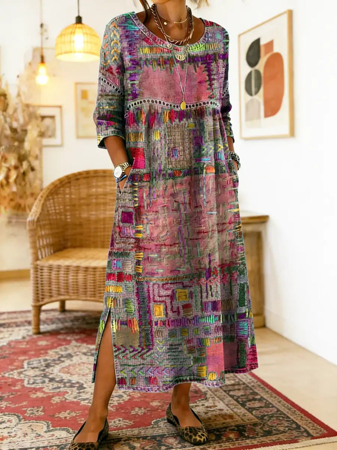 Marcelle | Printed Dress with Ethnic Patchwork