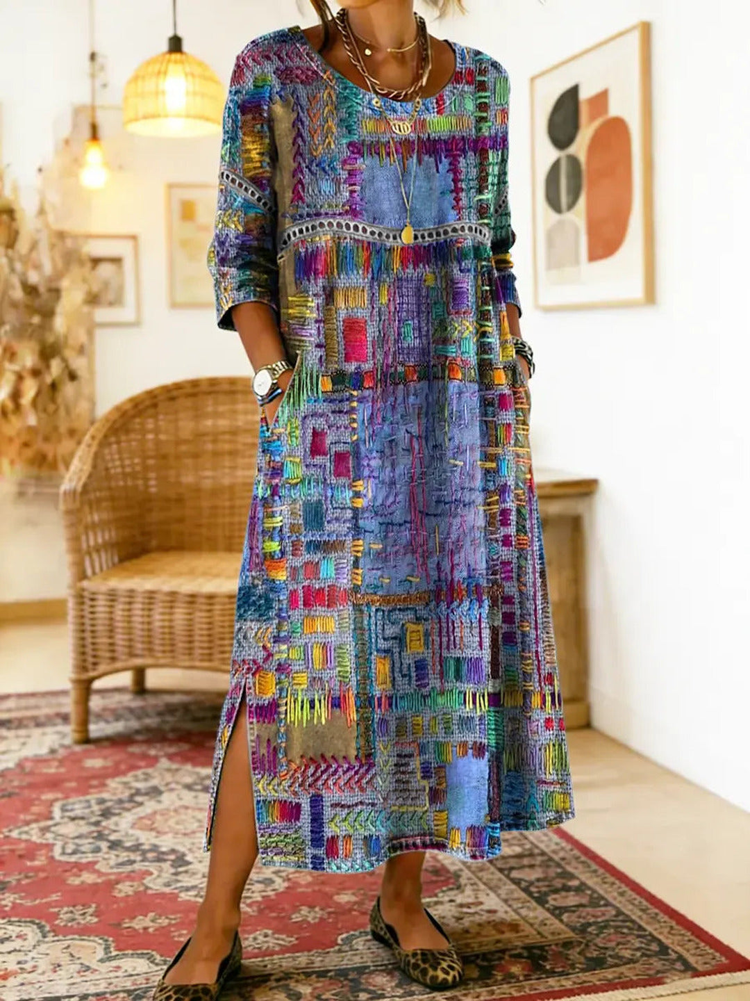 Marcelle | Printed Dress with Ethnic Patchwork