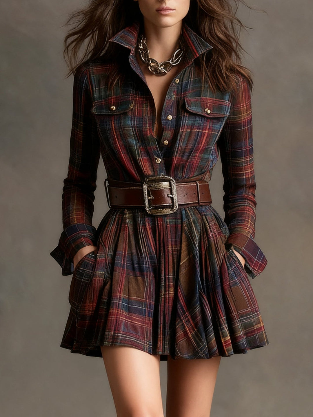 Noeline | Red and Brown Checked Mini Dress