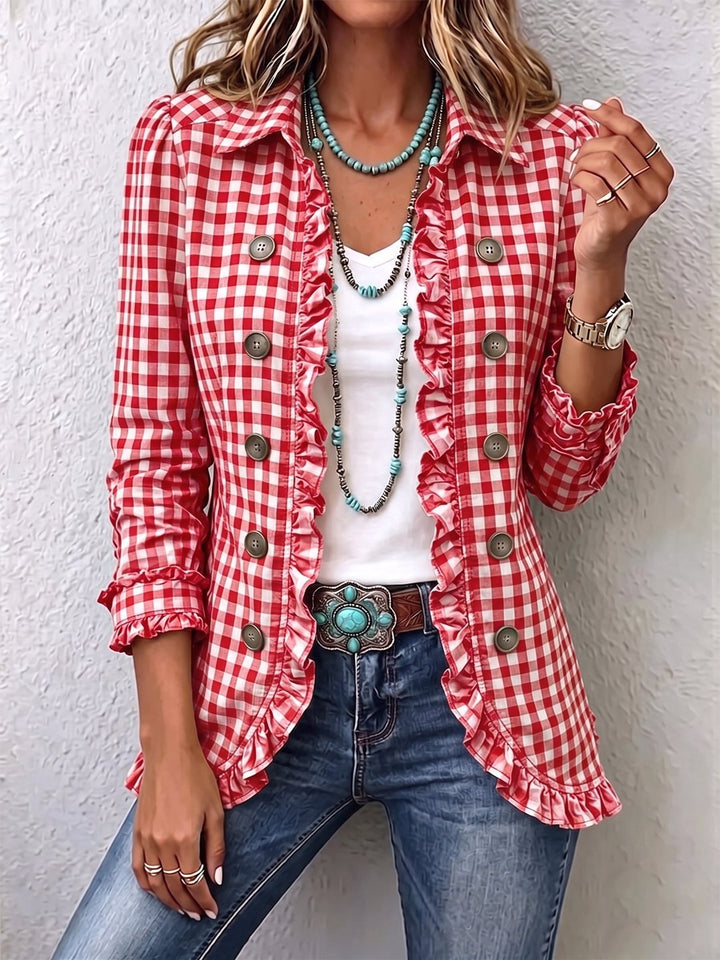 Nona | Gingham Ruffled Button-Down Jacket