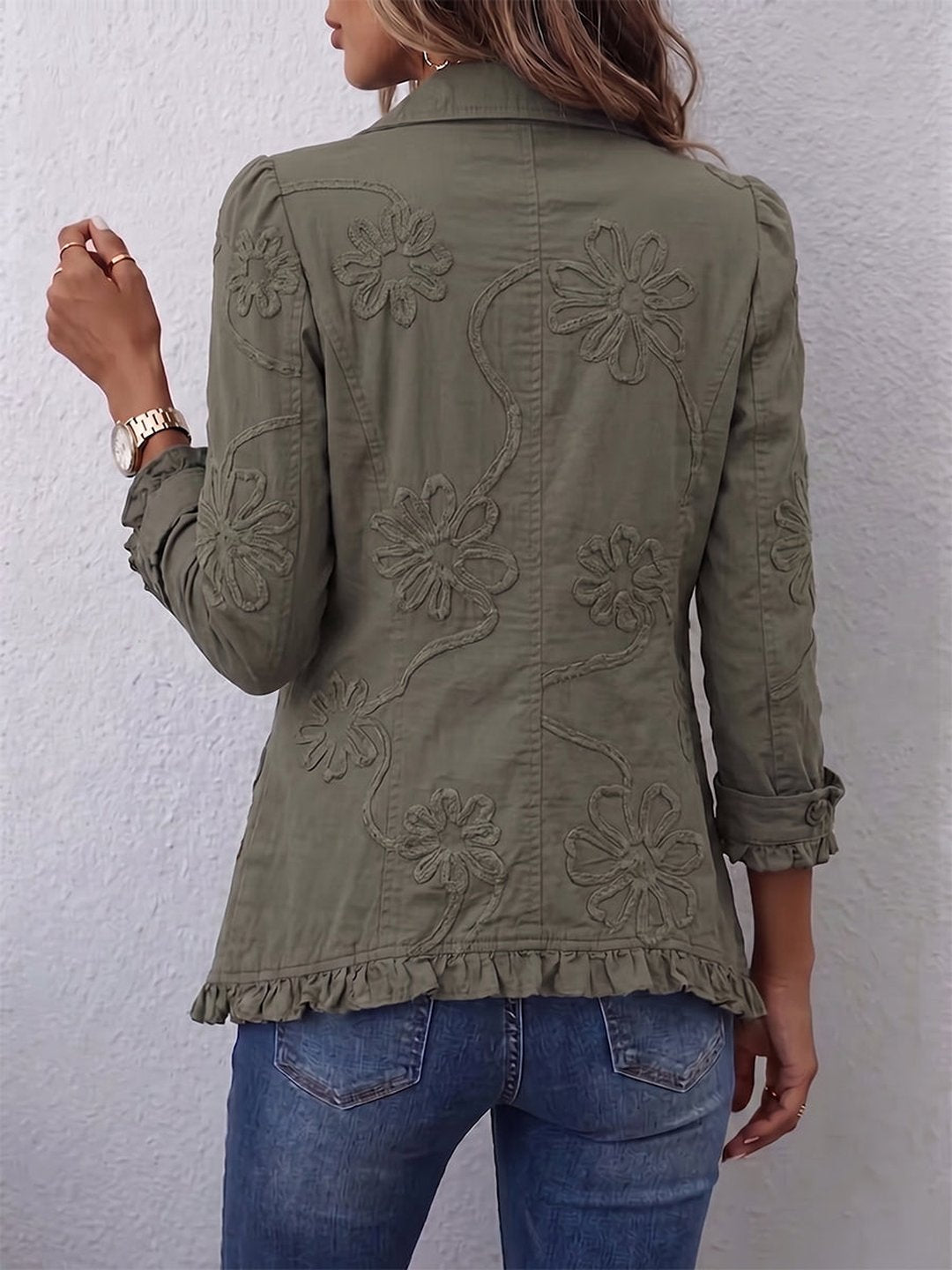 Vanita | Boho-Chic Floral Embroidered Utility Ruffled Trim Jacket