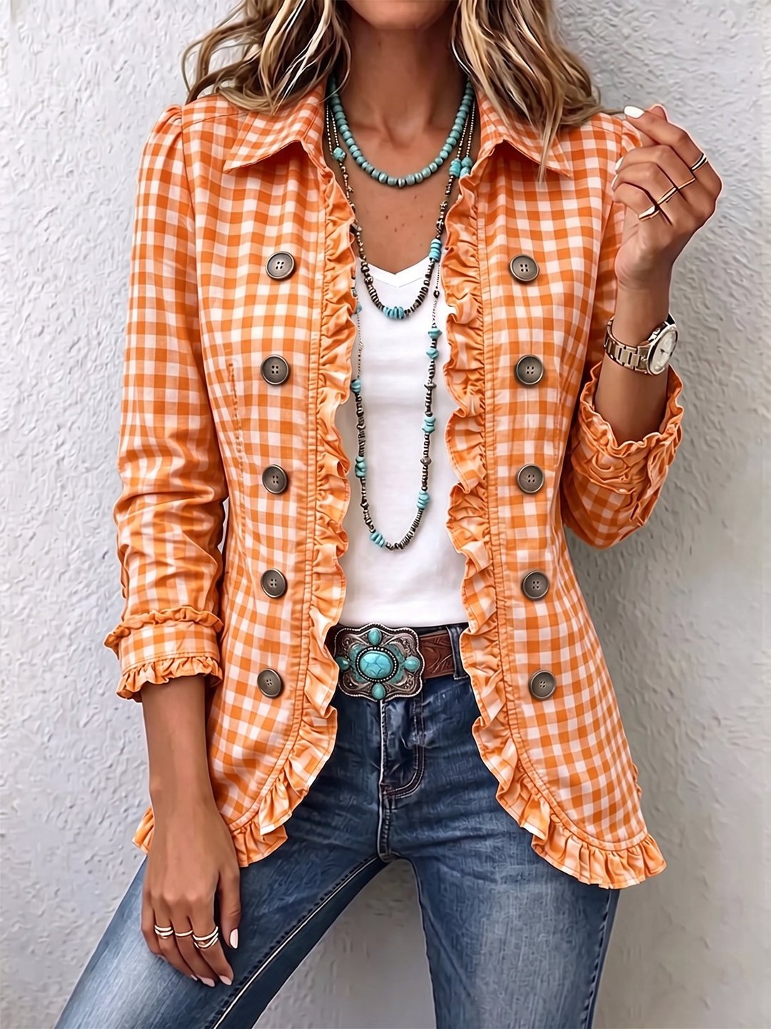 Nona | Gingham Ruffled Button-Down Jacket