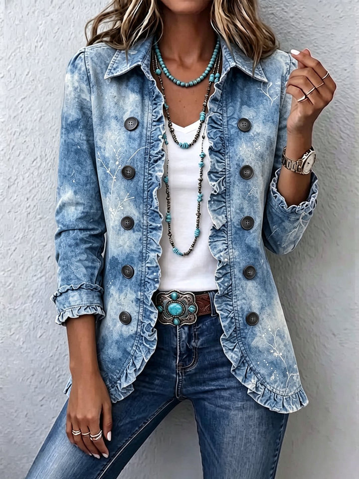 Nadya | Boho-Style Gradient Vintage Botanical Print Ruffle-Detail Jacket
