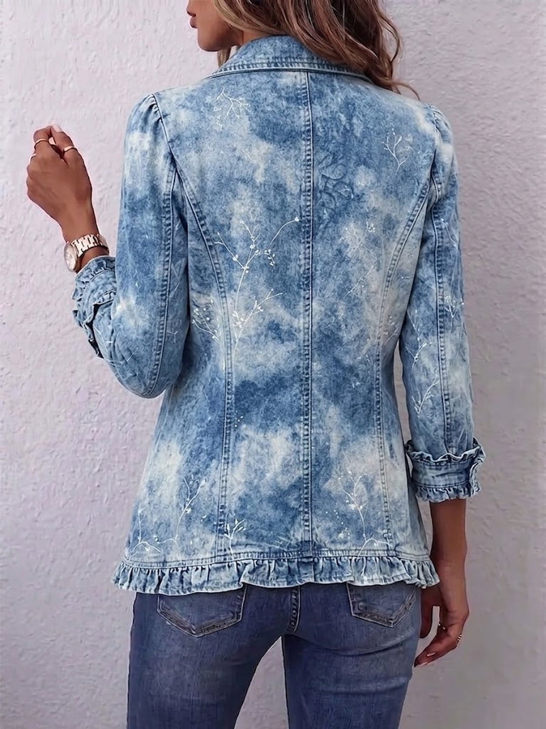 Nadya | Boho-Style Gradient Vintage Botanical Print Ruffle-Detail Jacket