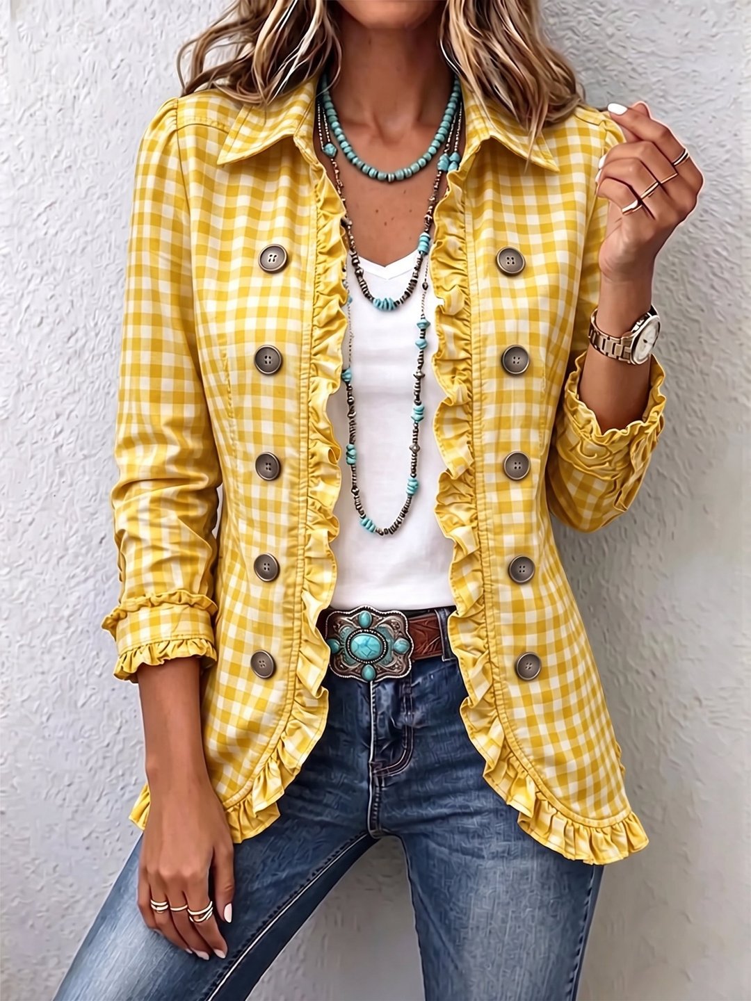 Nona | Gingham Ruffled Button-Down Jacket