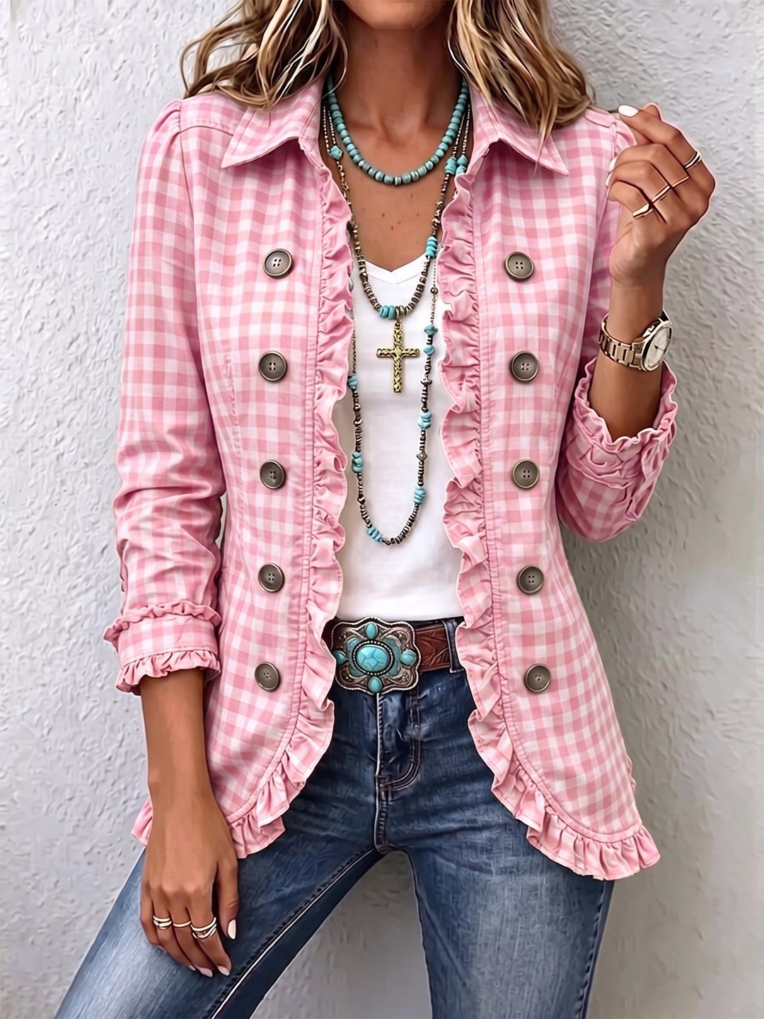 Nona | Gingham Ruffled Button-Down Jacket